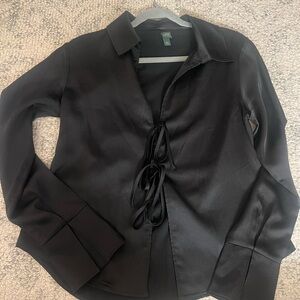 Black Satin Tie-Front Blouse